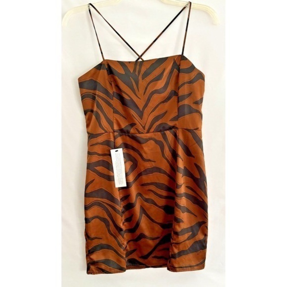 Topshop womens satin‎ Brown/Black Animal print slip dress w/straps 10 NWT